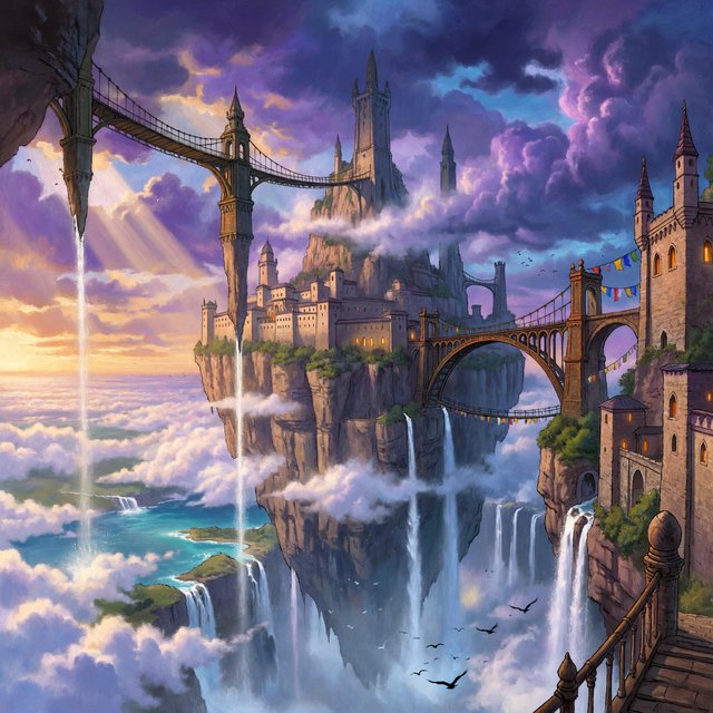 A colossal cliffside monastery hangs beneath a floating island, its waterfalls falling into luminous cloud seas. Bronze bridges connect needle towers, while dawn rays pierce violet storms and tiny windows glow above an endless abyss. — ImagineArt 2