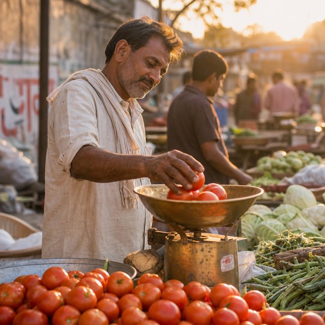 Candid street photograph of an outdoor vegetable market at golden hour, a vendor weighing tomatoes on a brass scale, shallow depth of field, 50mm lens. — GPT Image 2