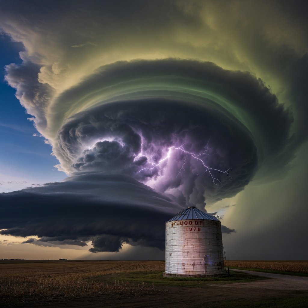 A supercell thunderstorm over flat farmland, lightning inside the cloud, a lone grain silo, dramatic but realistic. — Grok Imagine Image Quality