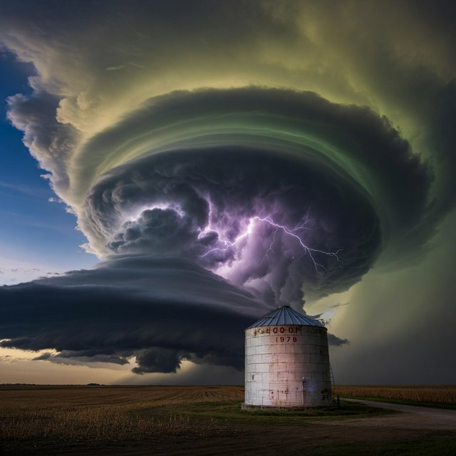A supercell thunderstorm over flat farmland, lightning inside the cloud, a lone grain silo, dramatic but realistic. — Grok Imagine Image Quality