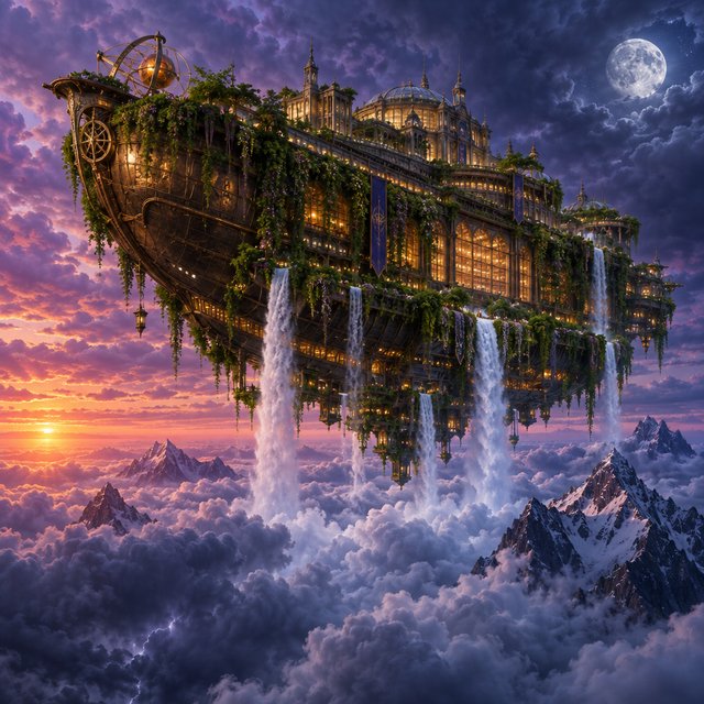 A colossal floating archive-ship drifts above storm clouds, its bronze hull wrapped in hanging gardens and luminous windows, while waterfalls spill into the sky. Distant mountain peaks pierce the cloud sea beneath a violet sunset and cold silver moonlight. — GPT Image 2.5 Flare