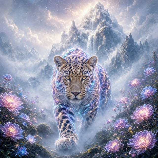 A majestic leopard, its fur detailed in intricate glowing fiber optics, emerges from a dreamlike, mist-shrouded floral mountain landscape with a waterfall in the background. The scene is bathed in ethereal light, evoking a sense of awe and wonder. — Grok Imagine Image 2