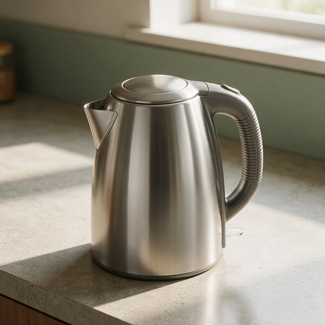 Morning daylight spills across a kitchen counter, revealing an unbranded electric kettle in satin stainless steel with a ribbed heat-resistant polymer handle. It sits on honed limestone against a muted sage backsplash, with window light and white bounce fill; commercial product image, no lettering. — Seedream 5.0 Pro
