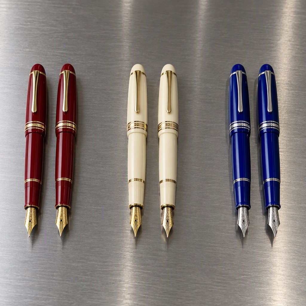 Across a brushed steel counter, exactly six fountain pens rest in three groups: two crimson pens on the left, two ivory pens in the center, and two cobalt pens on the right; nothing else. — GPT Image 2.5 Sunburst