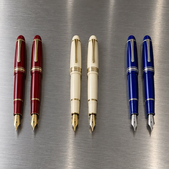 Across a brushed steel counter, exactly six fountain pens rest in three groups: two crimson pens on the left, two ivory pens in the center, and two cobalt pens on the right; nothing else. — GPT Image 2.5 Sunburst
