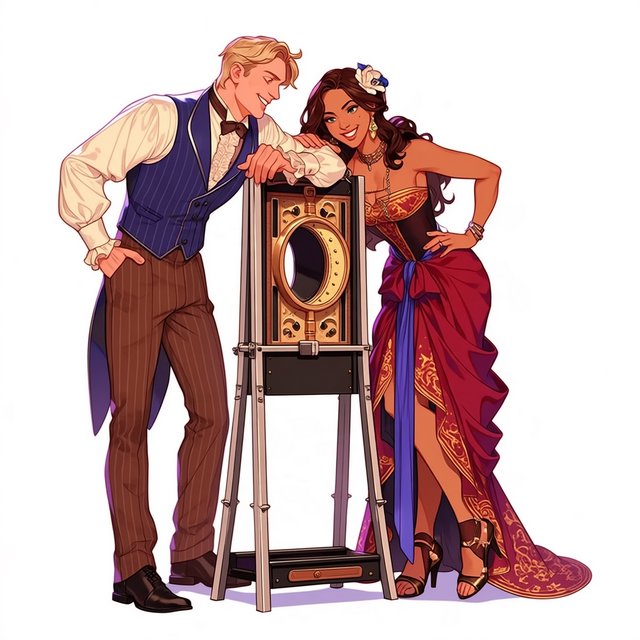Well dressed stage magician performs the guillotine illusion using a beautiful glamorous adult female assistant. The smiling confident assistant has her head through the hole in the guillotine device. — Midjourney Niji 7