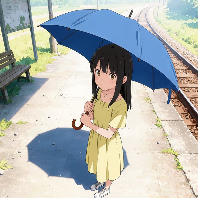 Anime-style illustration of a girl with a blue umbrella waiting at a rural train station in summer, cicadas implied by heat haze, cel shading. — Kling v3