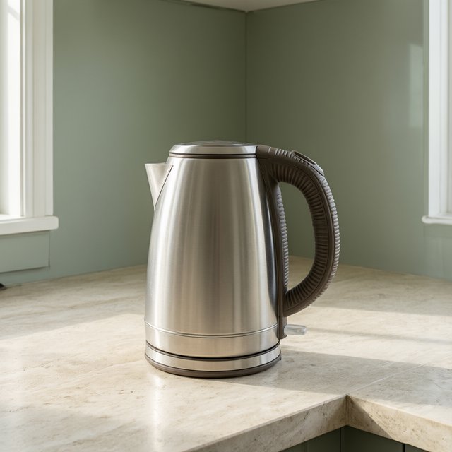 Morning daylight spills across a kitchen counter, revealing an unbranded electric kettle in satin stainless steel with a ribbed heat-resistant polymer handle. It sits on honed limestone against a muted sage backsplash, with window light and white bounce fill; commercial product image, no lettering. — Qwen Image 3.0
