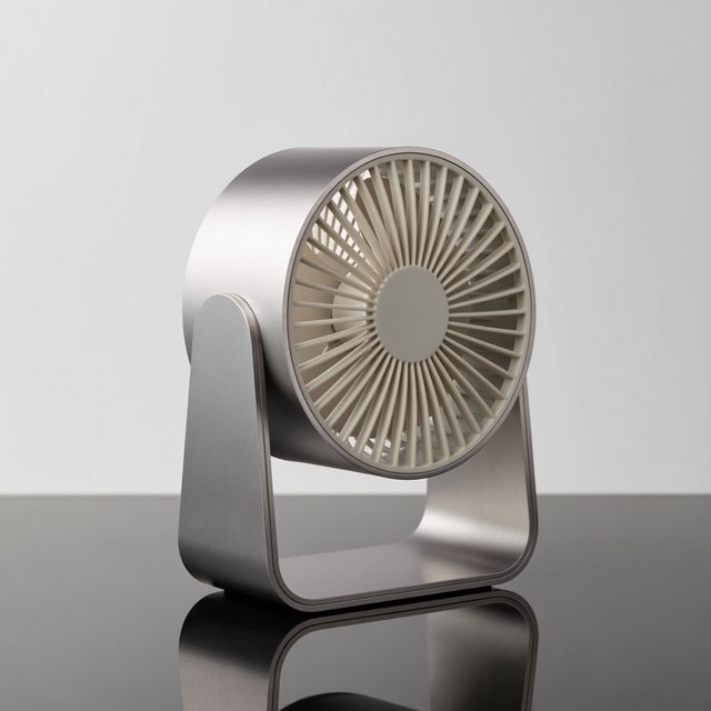 Commercial product photograph of an unbranded desktop fan made from brushed aluminum and matte ivory polymer, resting on a smoked glass surface against a pale gray background, illuminated by broad diffused studio light and a soft rear rim light. — ImagineArt 2
