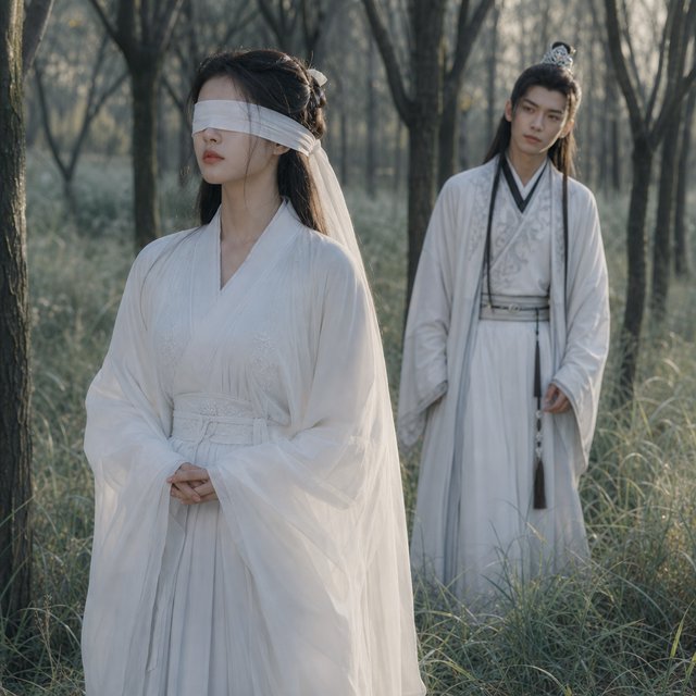 A beautiful young adult woman in flowing white hanfu stands quietly in a sparse forest, blindfolded with a soft white cloth. Grass surrounds her feet, and the scene feels calm, mysterious, and poetic. A few steps behind her stands a young adult male Taoist in traditional robes, gazing at her with a mesmerized, captivated expression. Gentle natural light filters through the thin trees, creating an ethereal atmosphere. Cinematic, elegant, emotionally evocative. — GPT Image 2
