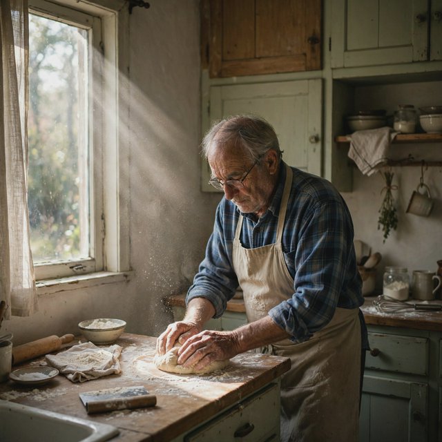 Documentary photo of a home kitchen mid-morning, flour dust in a shaft of window light, an older man kneading dough, natural light only. — Muse Image 1.0