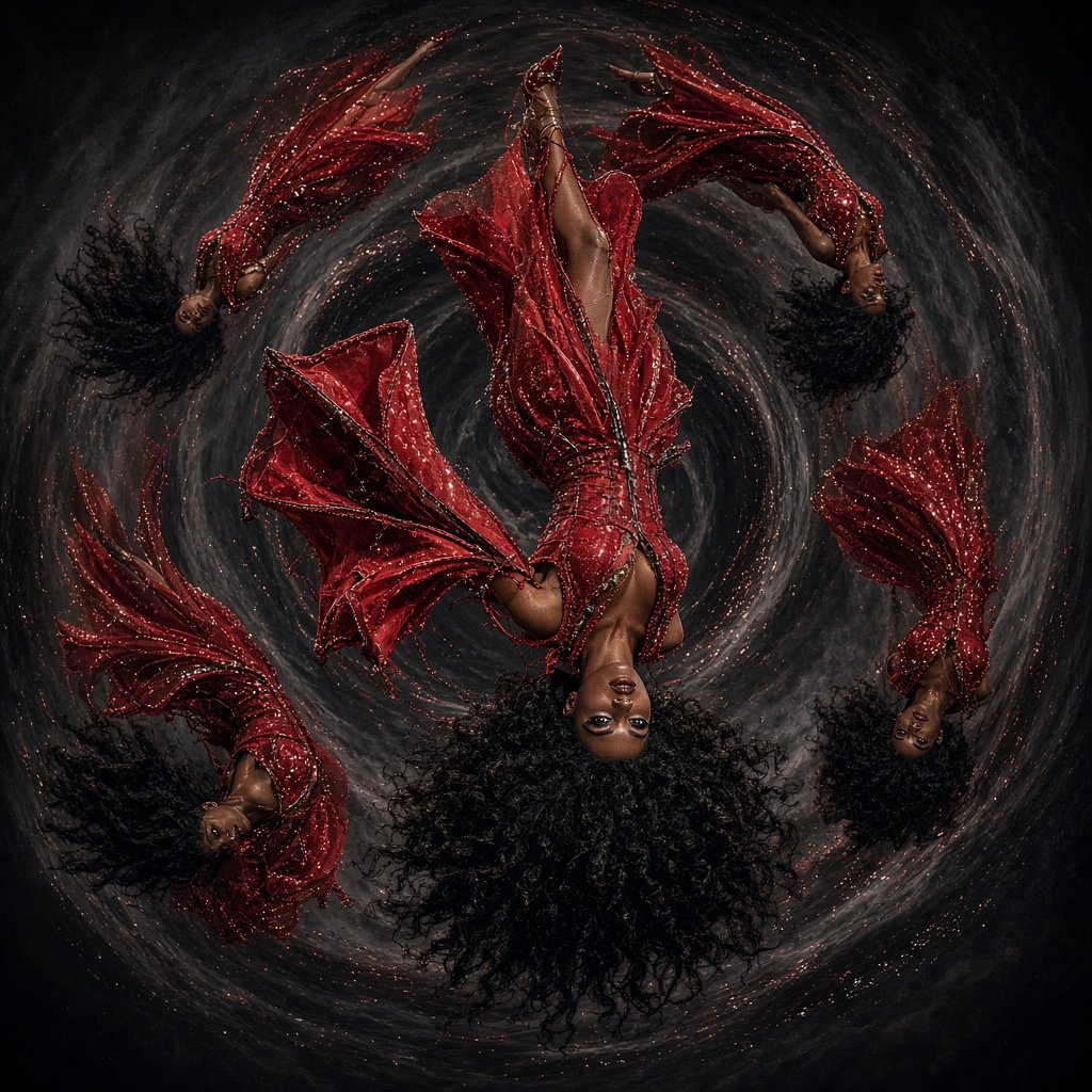 Image of a pop-dance African-American diva. The woman hangs completely inverted in mid-air, head pointing toward the floor and legs toward the ceiling. Her huge hair falls and spreads dramatically in the opposite direction, while her expression remains cool and composed. Her red gown is turned inside out, exposing its sparkling lining, seams, and construction. To push the surrealism further, a second, reversed version of her silhouette appears to peel outward from her original form, like a three-dimensional reflection escaping its owner. Multiple copies of the woman circle around a central point, each rotated to a different angle. Their flowing hair and red gowns form a pinwheel or circular vortex, creating the impression that one woman is spinning endlessly around herself. — Grok Imagine Image 2