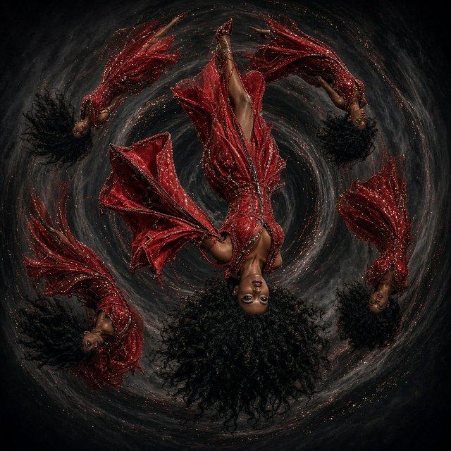 Image of a pop-dance African-American diva. The woman hangs completely inverted in mid-air, head pointing toward the floor and legs toward the ceiling. Her huge hair falls and spreads dramatically in the opposite direction, while her expression remains cool and composed. Her red gown is turned inside out, exposing its sparkling lining, seams, and construction. To push the surrealism further, a second, reversed version of her silhouette appears to peel outward from her original form, like a three-dimensional reflection escaping its owner. Multiple copies of the woman circle around a central point, each rotated to a different angle. Their flowing hair and red gowns form a pinwheel or circular vortex, creating the impression that one woman is spinning endlessly around herself. — Grok Imagine Image 2