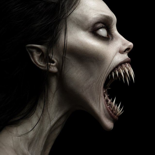 A creepy woman in side profile. Focus on the head with a slightly alien figure. Pale skin. No irises in the eyes. Mouth is open wide with very sharp, long razor teeth. Black background. Chiaroscuro effect. — GPT Image 2.5 Sunburst