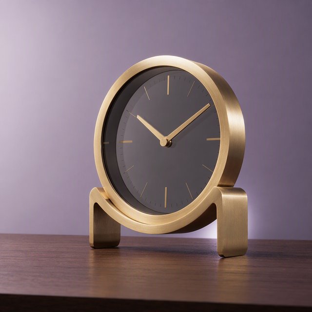 Commercial product photograph of an unbranded sculptural table clock made from satin brass and smoked glass, resting on a dark walnut surface against a muted lavender background, illuminated by a large diffused softbox from the upper left and a subtle rear rim light. — GPT Image 2
