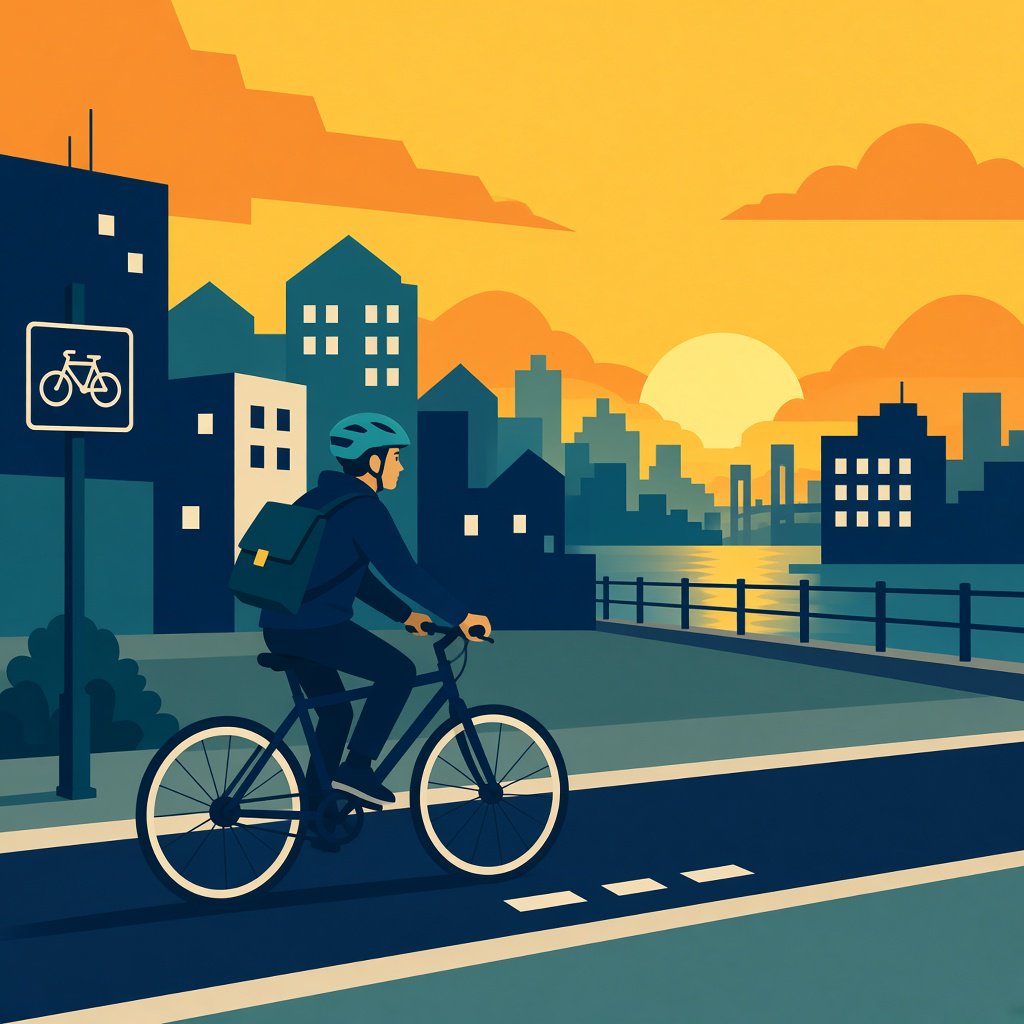 Flat vector illustration of a cyclist commuting through a city at sunrise, limited palette of five colours, geometric shapes. — Grok Imagine Image 2