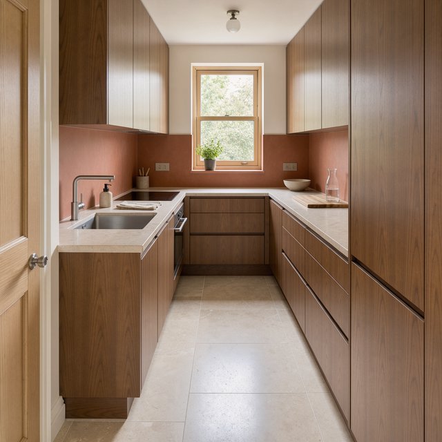 Along a galley kitchen, flat-front walnut cabinets meet pale limestone counters and a matte terracotta backsplash in restrained Scandinavian modern style; soft north-window daylight reveals the worktop from the doorway, with clean aligned lines and believable supports. — Model 1
