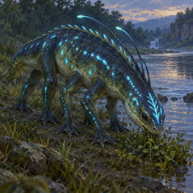 Creature design: a six-legged amphibious grazer with bioluminescent markings, shown on a riverbank, painterly. — GPT Image 2.5 Flare