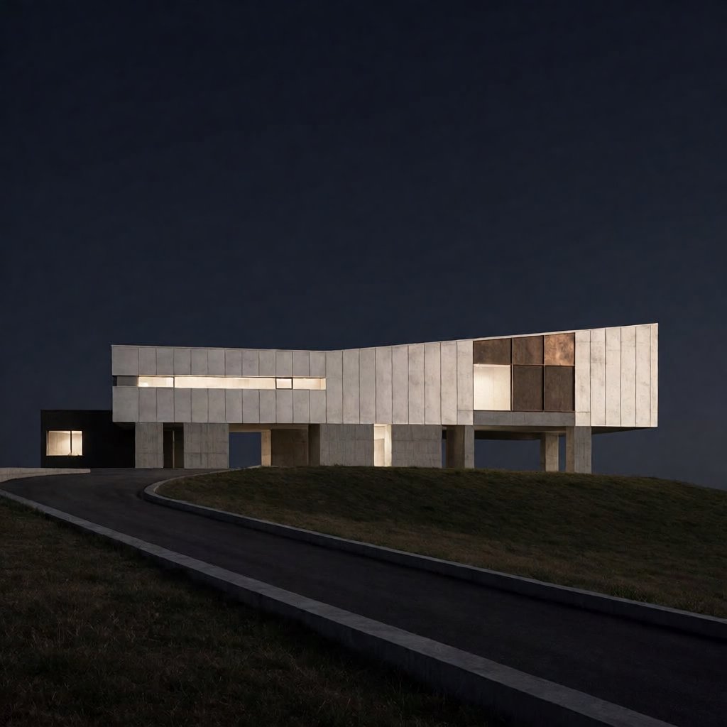 A hilltop observatory in spare contemporary architecture glows against the midnight sky, its pale concrete walls, bronze panels, and narrow windows lit from within; viewed from the access road, crisp edges and credible structural supports. — Krea 2 Medium