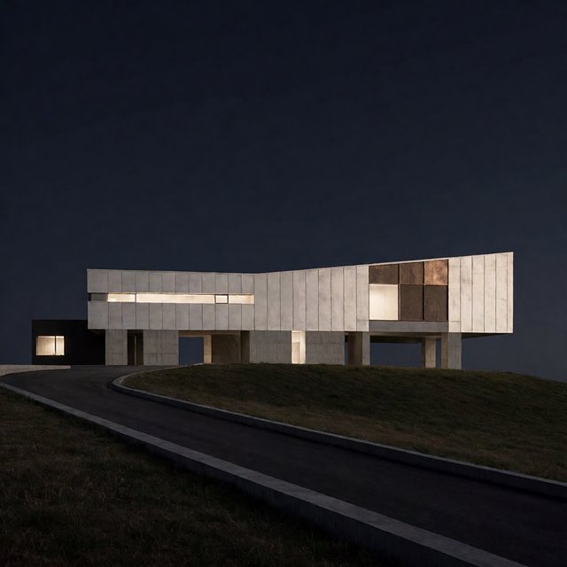 A hilltop observatory in spare contemporary architecture glows against the midnight sky, its pale concrete walls, bronze panels, and narrow windows lit from within; viewed from the access road, crisp edges and credible structural supports. — Krea 2 Medium