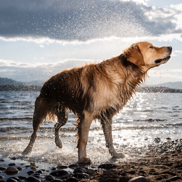 A wet golden retriever shaking off water on a lakeshore, droplets frozen mid-air, backlit by low sun, high shutter speed. — Recraft v4 Pro