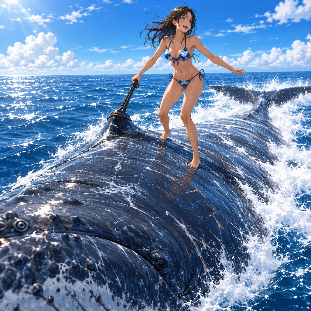 Anime-style illustration of an adult young woman confidently balancing on the broad back of a massive humpback whale as it swims across the open ocean. She wears a stylish two-piece bikini appropriate for a sunny tropical setting, with wet hair and subtle water droplets catching the light. One hand grips a sturdy tether secured near the whale's dorsal area, using it to maintain her balance as the whale moves through the waves, while her other arm extends naturally for stability. The whale is enormous and majestic, its dark blue-gray skin covered in realistic texture, scars, and subtle highlights. Its powerful body breaks partially above the rolling ocean surface, creating a sweeping trail of white foam and spray behind it. The woman looks exhilarated and joyful, her expression conveying adventure and freedom rather than fear. Vast open sea stretches toward the horizon beneath a brilliant blue sky with scattered white clouds. Sunlight sparkles across the water — GPT Image 2.5 Flare