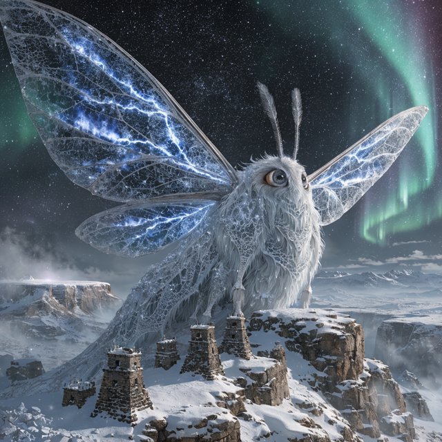 A colossal moon-moth leviathan rests atop a snowbound mountain ridge, its translucent wings veined with blue fire and its fur silvered by frost. Tiny abandoned watchtowers below emphasize its immense scale beneath an aurora-filled sky. — Recraft v4