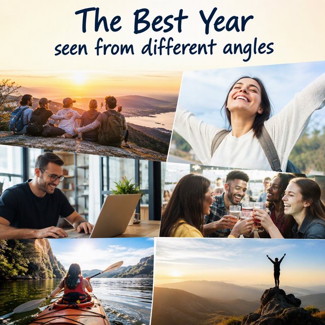 A realistic image where the theme is all about people having the best year ever. 4–6 moments seen from different angles. At the top it says, "The Best Year seen from different angles". — GPT Image 2.5 Flare