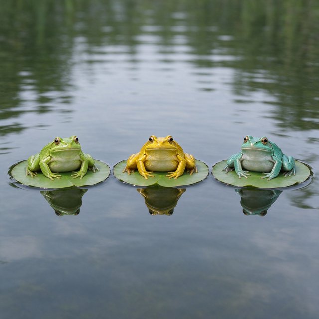 A still pond holds exactly three frogs on separate lily pads: a lime-green frog at the left, a golden-yellow frog in the center, and a turquoise frog at the right. All face forward; nothing else. — Model 19