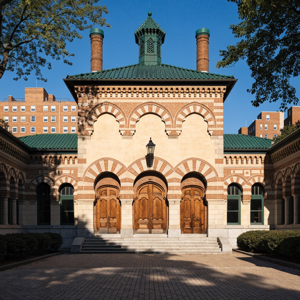 Exterior of a Moorish Revival municipal bathhouse, pale buff stucco, striped brick arches, green glazed tile roof and carved cedar doors; clear morning light, viewed across a paved courtyard, with coherent structure and crisp lines. — Recraft v4