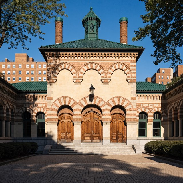 Exterior of a Moorish Revival municipal bathhouse, pale buff stucco, striped brick arches, green glazed tile roof and carved cedar doors; clear morning light, viewed across a paved courtyard, with coherent structure and crisp lines. — Recraft v4