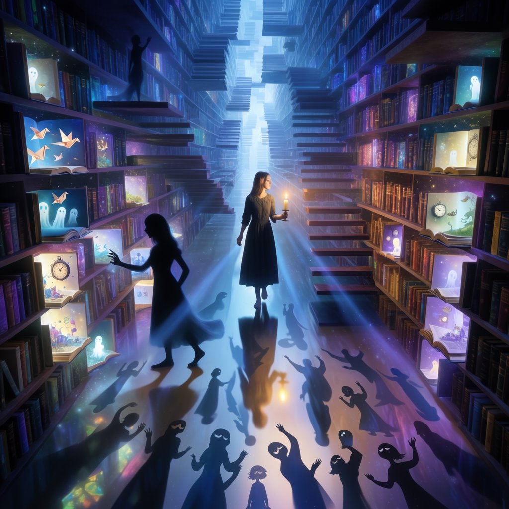 In an infinite library where floating staircases defy gravity, a young woman carries a candle through endless shelves. Her shadow has quietly detached itself from her feet and now wanders independently among the towering bookcases, secretly opening glowing books filled with forgotten memories. Each open page reveals miniature worlds: flying origami birds, drifting clocks, and tiny ghostly figures. The woman's candlelight creates impossible reflections, revealing dozens of alternative shadows with distinct personalities. Dreamlike surrealism, warm golden candlelight set against deep blue darkness, intricate details, magical realism, painterly. — Krea 2 Large