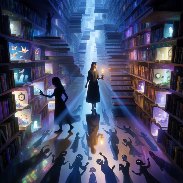 In an infinite library where floating staircases defy gravity, a young woman carries a candle through endless shelves. Her shadow has quietly detached itself from her feet and now wanders independently among the towering bookcases, secretly opening glowing books filled with forgotten memories. Each open page reveals miniature worlds: flying origami birds, drifting clocks, and tiny ghostly figures. The woman's candlelight creates impossible reflections, revealing dozens of alternative shadows with distinct personalities. Dreamlike surrealism, warm golden candlelight set against deep blue darkness, intricate details, magical realism, painterly. — Krea 2 Large