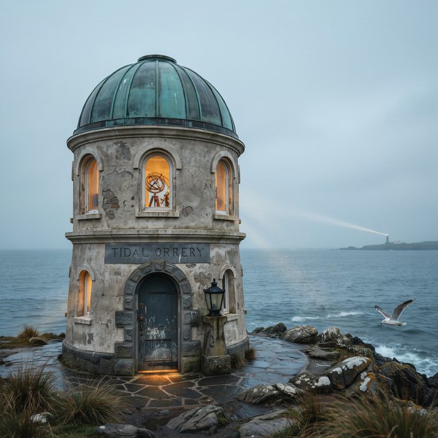 A weathered coastal observatory overlooks dark water, its brass instruments visible through arched windows; "TIDAL ORRERY" is carved into a slate lintel above the entrance, salt spray softening the deep engraved grooves. — Ideogram v4
