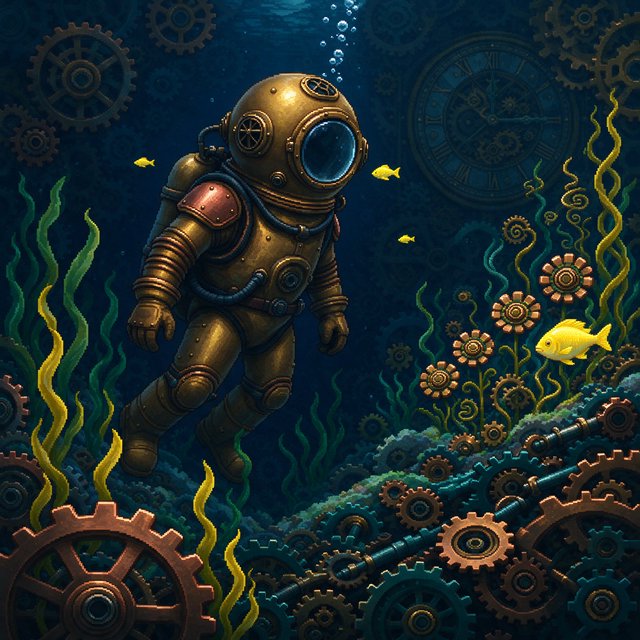 A brass-suited adult diver explores a submerged clockwork garden, where kelp curls around sunken gears and tiny fish glow in the dark; pixel art illustration, palette of teal, copper, midnight blue, and lemon yellow. — Seedream 5.0 Flash