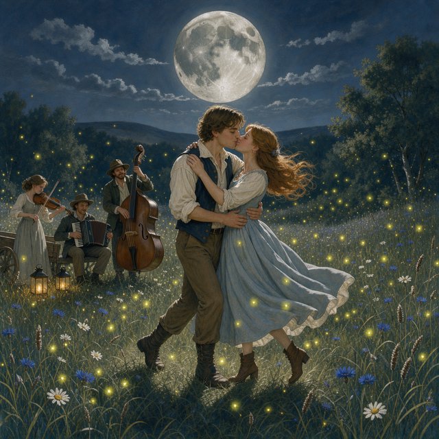 An illustration of a young adult European couple sharing a kiss while dancing in a moonlit meadow, with tall grass, fireflies, musicians playing music, and a huge silver moon overhead. — FLUX 3 Image