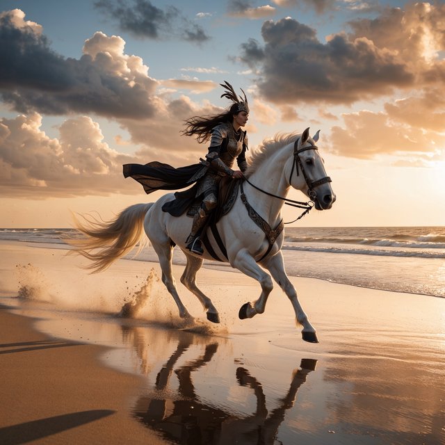 An adult female warrior on her white steed galloping along a fine-sand beach at sunset. — Recraft v4 Pro