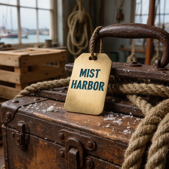 A brass luggage tag hangs from a weathered sea chest in a harbor loft, its face bearing “MIST HARBOR” in deeply stamped blue capitals; ropes and salt-crusted fittings surround it, with no other writing visible. — Kling v3 Omni