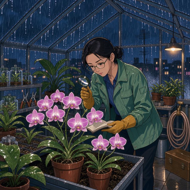 Rain beads on a rooftop greenhouse as an adult botanist studies luminous night-blooming orchids beneath glass panes; cel-shaded anime illustration in digital paint, palette of jade, magenta, indigo, and warm amber. — FLUX 3 Image