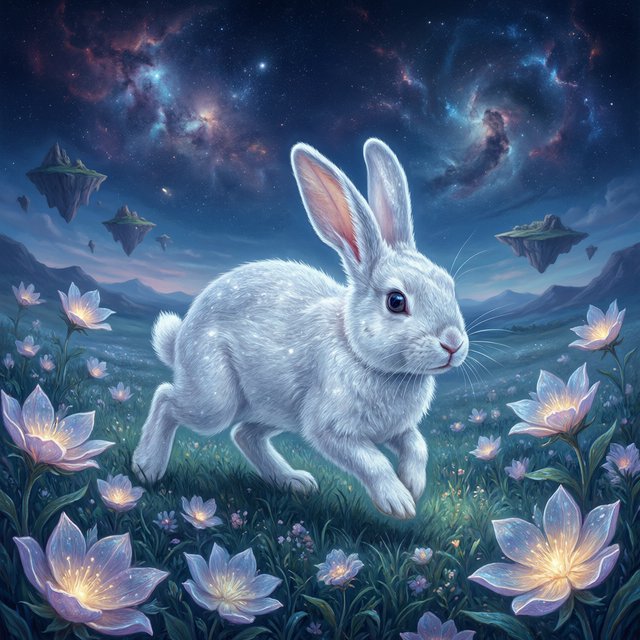 An ethereal rabbit, its fur made of shimmering moonlight, hops through a field of glowing, otherworldly flowers under a sky filled with nebulae. The landscape is dreamlike and surreal, with floating islands in the distance. The style is a delicate digital painting with fantasy elements, evoking a sense of wonder and tranquility. — Qwen Image 3.0 Pro