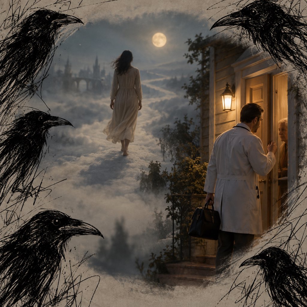 Walking in a dream, with ravens scribbled along the edges, a doctor on a house call — GPT Image 2.5 Sunburst
