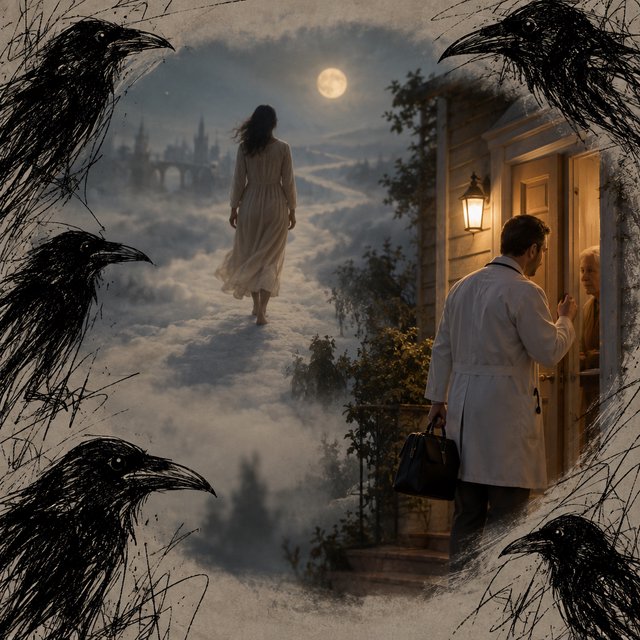 Walking in a dream, with ravens scribbled along the edges, a doctor on a house call — GPT Image 2.5 Sunburst