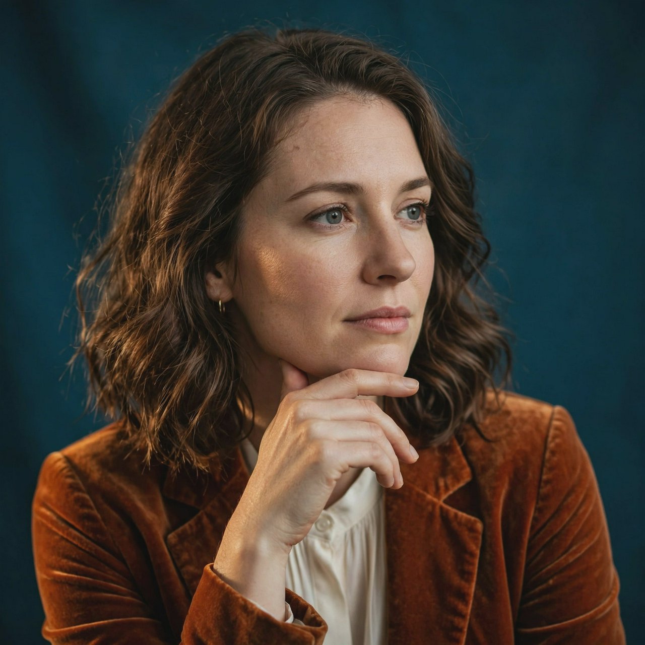 Portrait of an adult woman in her 30s wearing a rust-colored velvet jacket over an ivory blouse, one hand resting beneath her chin, thoughtful expression, deep teal studio backdrop, soft side lighting and gentle cheek highlights. — Muse Image 1.0