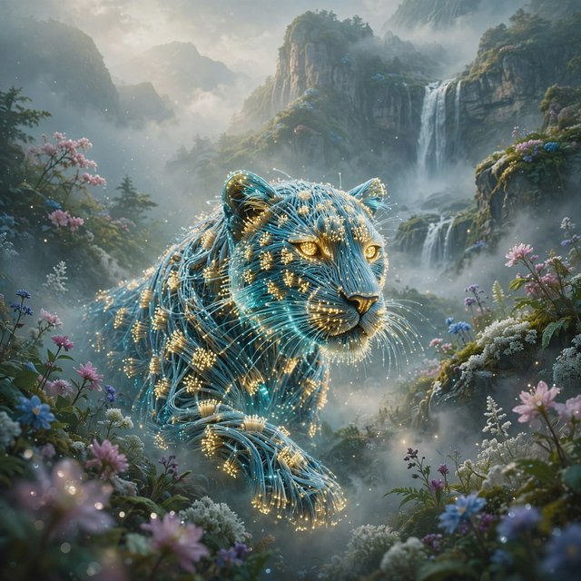 A majestic leopard, its fur detailed in intricate glowing fiber optics, emerges from a dreamlike, mist-shrouded floral mountain landscape with a waterfall in the background. The scene is bathed in ethereal light, evoking a sense of awe and wonder. — Muse Image 1.0