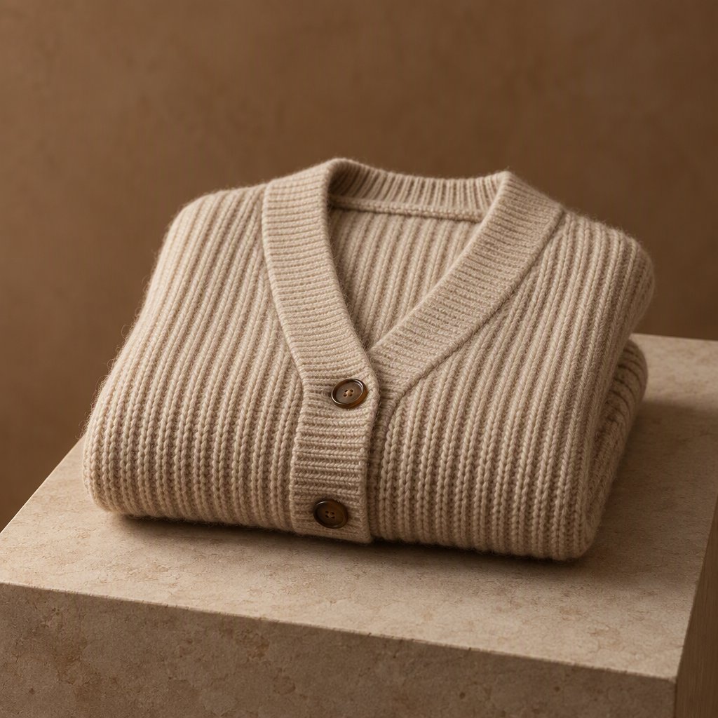 A folded unbranded merino cardigan rests on a honed limestone plinth, its chunky ribbed wool surface softly catching broad overhead diffusion and warm side bounce against a muted clay backdrop, with no tags, lettering, or graphics. — GPT Image 2.5 Sunburst