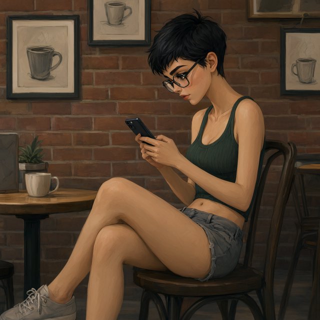 SUBJECT: Side view of a young woman seated at a cafe table, beautiful legs crossed, reading her phone. CHARACTER: 25-year-old woman with an extremely short black pixie cut, all hair under one inch. Stylish glasses, tight dark green ribbed tank top, bare midriff, shorts, comfortable shoes. SETTING: Trendy urban cafe, red brick walls decorated with framed sketches of coffee mugs. STYLE: Stylized semi-realistic digital painting, animation-inspired characters and environments. Expressive faces, large eyes, strong brows, simplified anatomy, convincing 3D volume and depth. Painterly shape-based rendering, minimal outlines, soft blended shading, broad angular brushstrokes. Luminous colors, warm undertones, restrained highlights. Hair and textures rendered in sculpted masses with selective fine detail. Muted charcoal and earthy palette, soft directional light, cohesive shadows, atmospheric depth. Detailed eyes and lips, simplified backgrounds, loose edges, unfinished brushwork. — Model 18