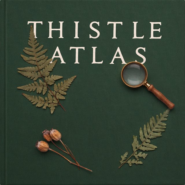 Pressed fern fronds, seed pods, and a magnifying lens frame a naturalist’s field-guide book cover on moss-green cloth; “THISTLE ATLAS” spans the upper third in hand-cut ivory serif capitals, with no other legible writing. — Model 8