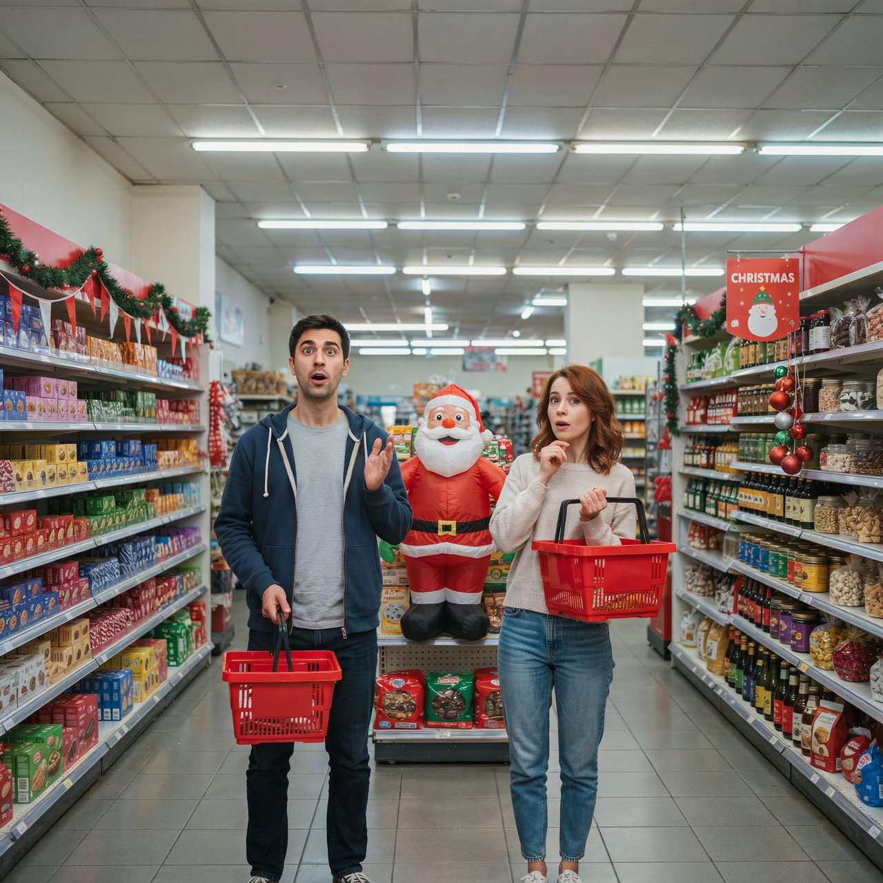 A husband and wife are shopping in a large, well-lit supermarket. They are surprised by what is for sale in the Christmas aisle. — Ideogram v4.5