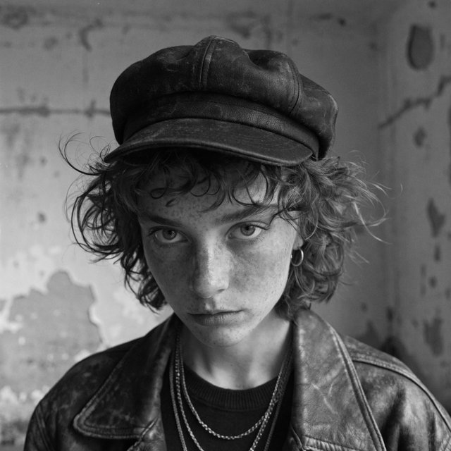 A monochrome, grainy, photorealistic medium close-up shot from a high angle: a young woman with messy, short curls, fair, freckled skin, and an intense, direct gaze into the camera. She is wearing a faded, worn-in black flat cap, a distressed vintage leather jacket over a dark undershirt, several thin silver chains, and a small hoop earring. Soft, diffused side lighting from the left casts gentle shadows across her face. In the background, a weathered wall with peeling plaster. Shallow depth of field, a moody, gritty film aesthetic, and sharp focus on the subject's eyes. — Recraft v4 Pro