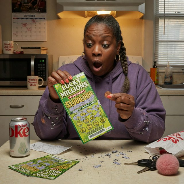 A realistic scene of a random adult person, either Black, white, or Asian, scratching a scratch ticket and discovering that they have won one million dollars. — Grok Imagine Image Quality
